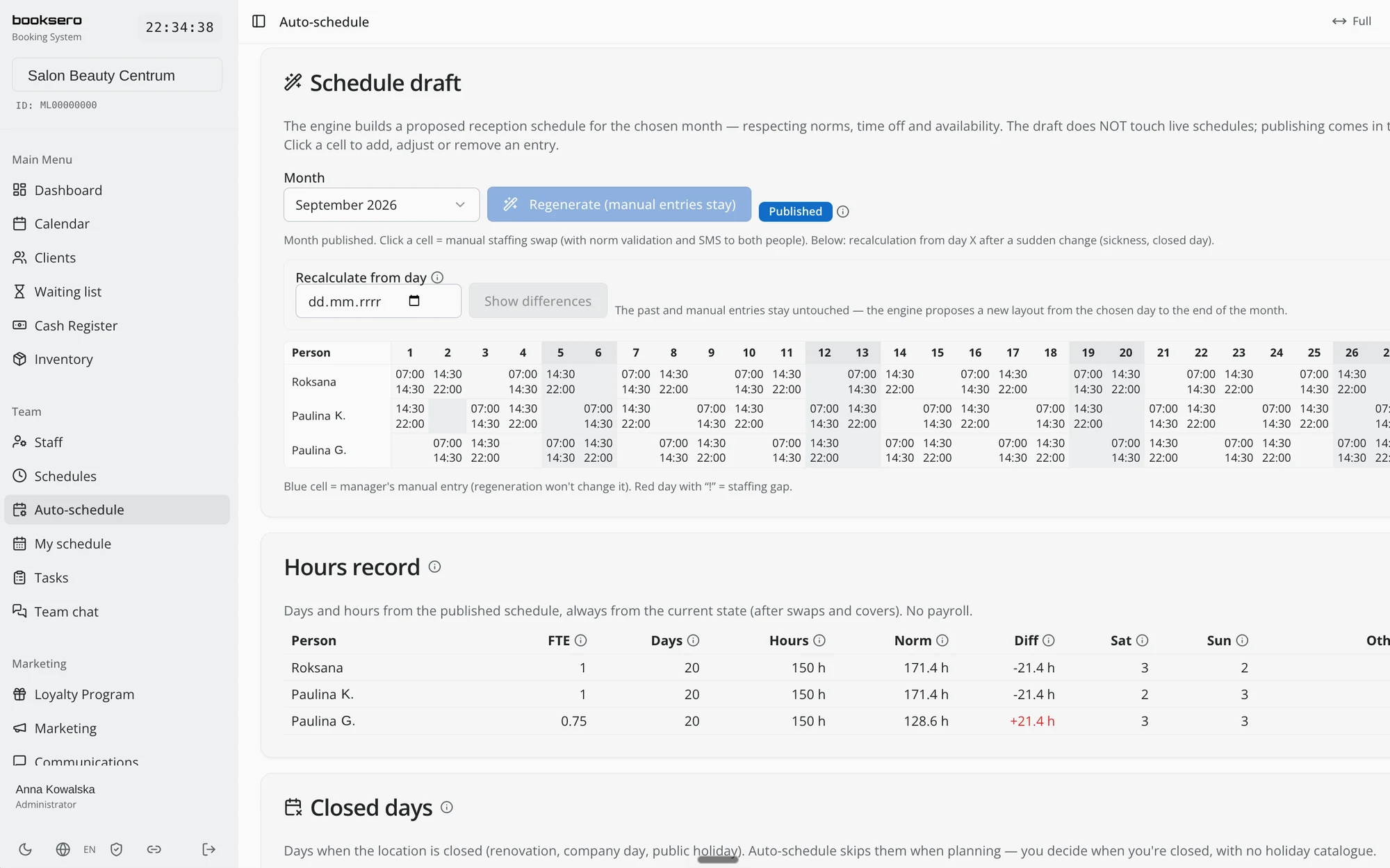 booksero Auto-schedule — a month of reception cover drafted automatically