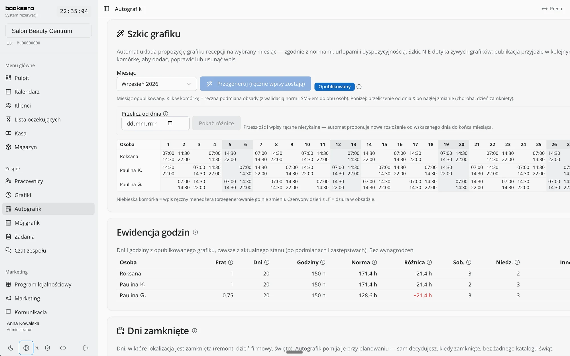 Autografik booksero — szkic grafiku recepcji na cały miesiąc
