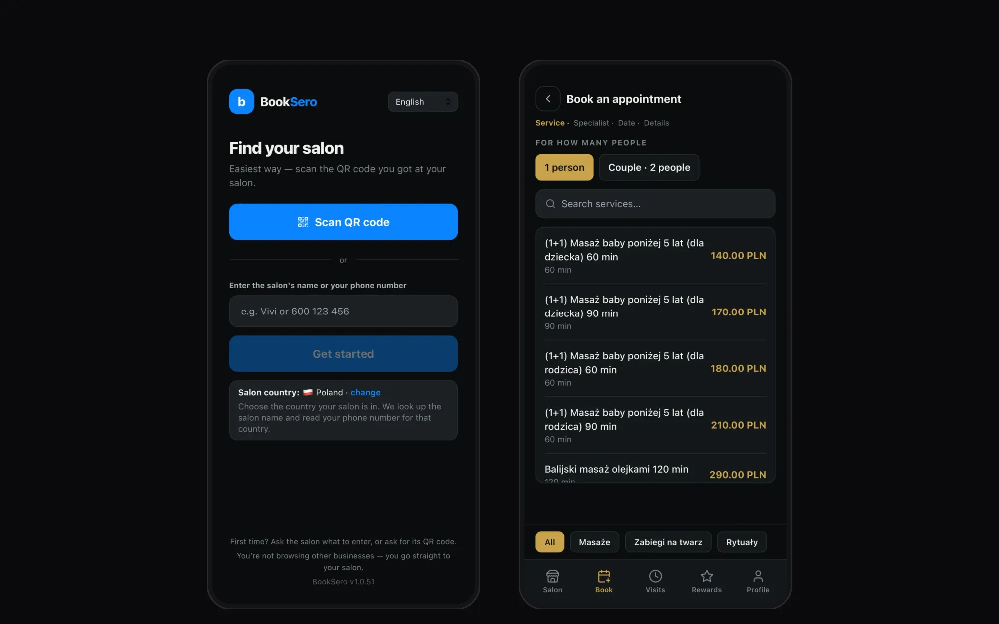booksero app for clients — start screen and booking for two