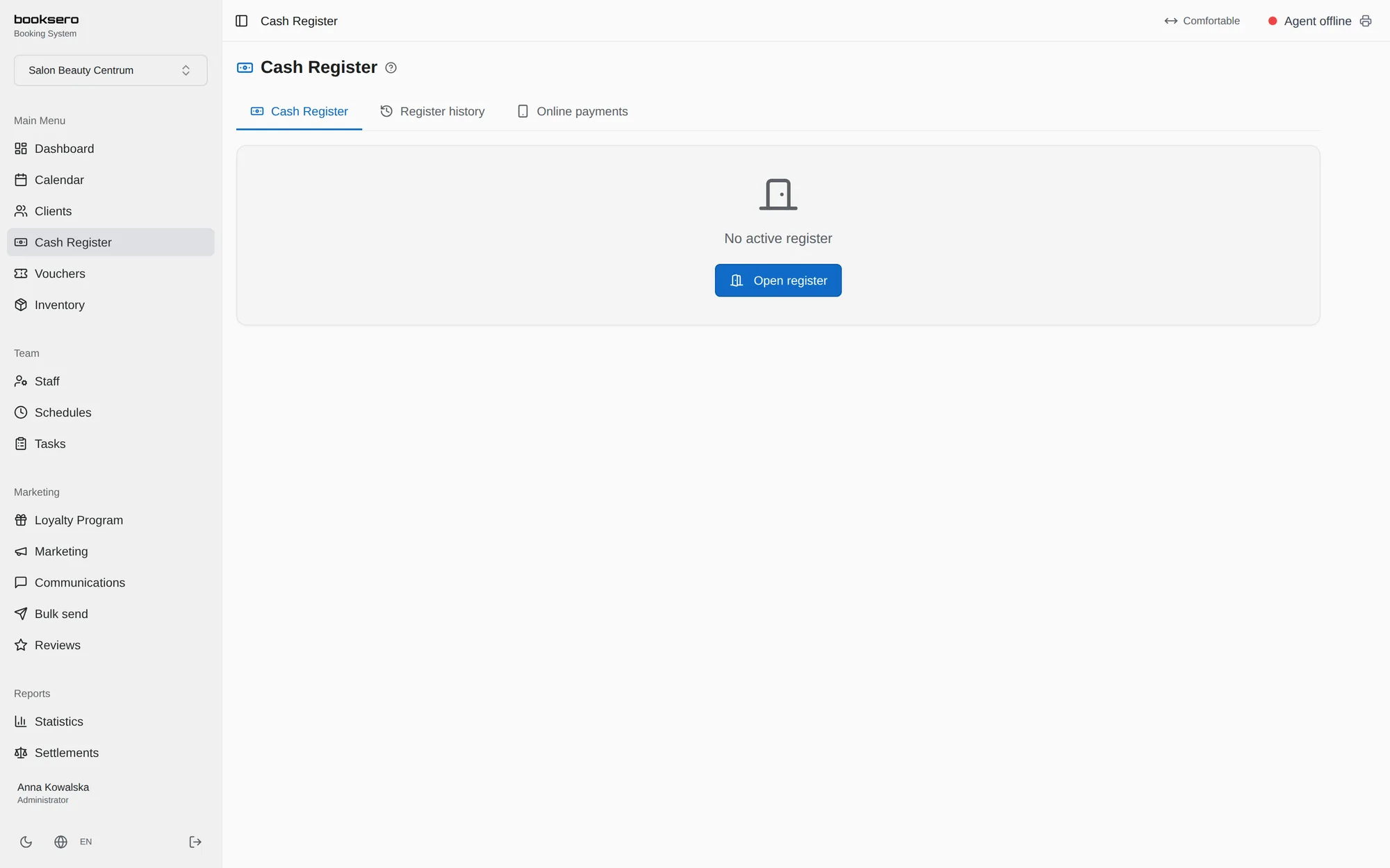 Payments and cash register in booksero