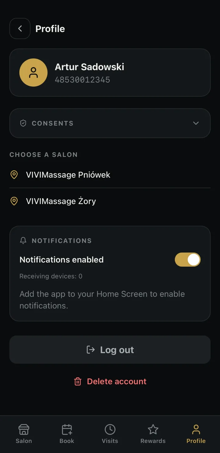 Profile — consents, salons, notifications
