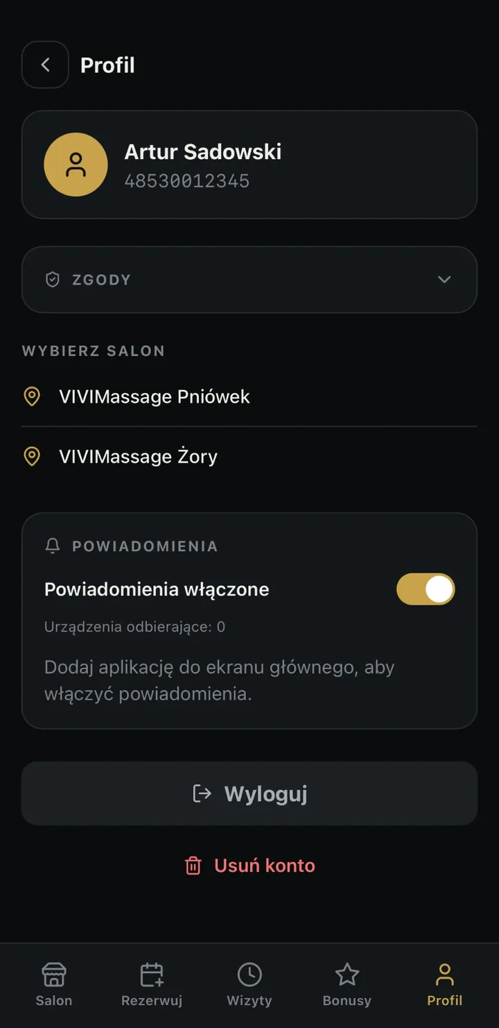 Profil — zgody, salony, powiadomienia
