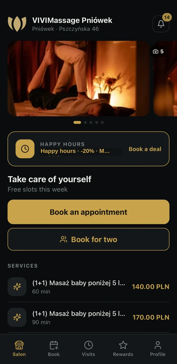 Salon page in the booksero app: logo, gallery, happy hours, Book an appointment and Book for two buttons