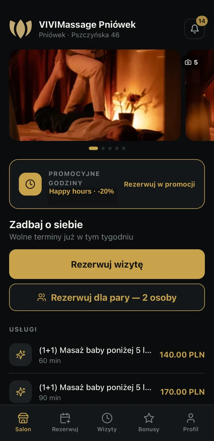 Strona salonu w aplikacji booksero: logo, galeria, happy hours, przyciski Rezerwuj wizytę i Rezerwuj dla pary