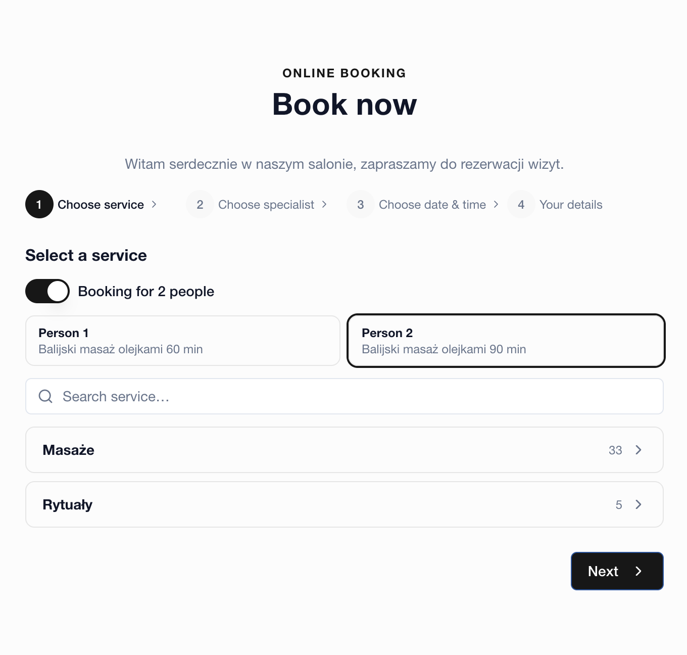 Online booking for 2 people in booksero