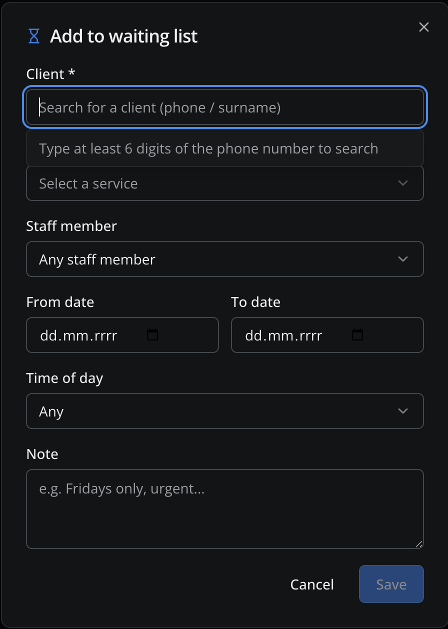 Appointment waiting list in booksero