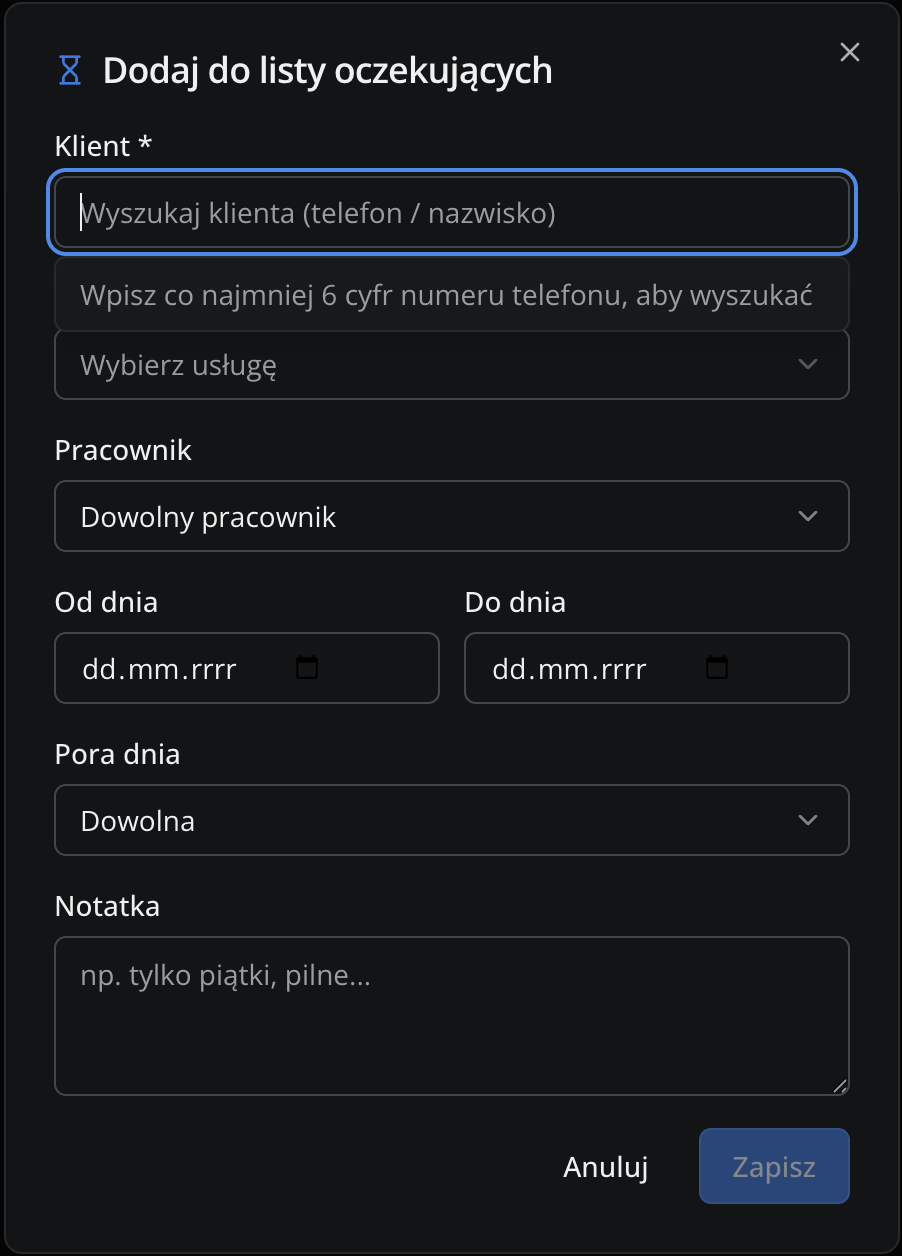 Lista oczekujących na termin w booksero