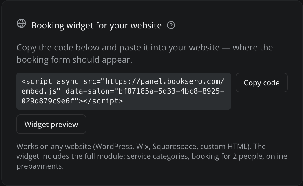 booksero booking widget for a client's website