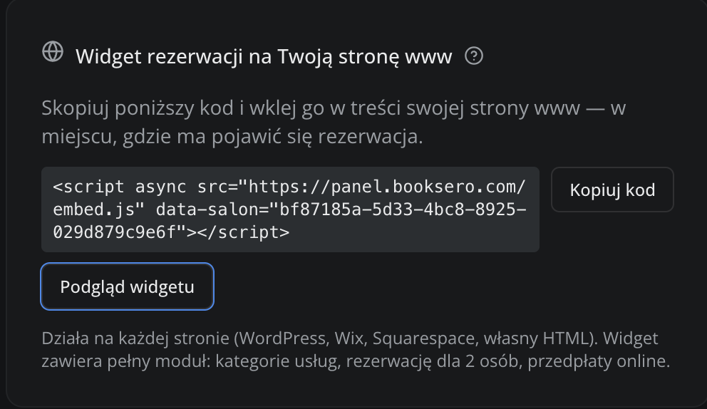 Widget rezerwacji booksero na stronę klienta